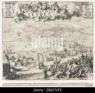 Siège et soulagement de Leiden, 1574, les garnitures et ontset de Leyden 1574 (titre objet) Siege a consterné Leiden, 1574. Carte de Leiden et des environs dans la perspective des oiseaux à l'avant-garde des combats entre mendiants et soldats espagnols. Au-dessus du titre dans les nuages se trouve une lutte allégorique par les personnifications de la liberté, de la Hollande, de Leiden, d'Orange et de la vraie foi. Des deux côtés du papier échantillonne l'argent d'urgence dépensé pendant le siège en circulation. Séparément, un tekstblad. Fabricant : printmaker: Romeyn de Hooghe (bâtiment classé) dans son dessin: Romeyn de Hooghe (attribué à) publish Banque D'Images