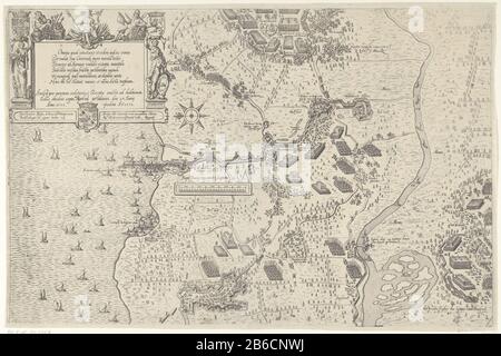 Siège et capture de Gertruydenberg (feuille supérieure), 1593 carte du siège Geertruidenberg par l'armée des Etats sous le prince Maurits 28 mars - 26 juin 1593. Les deux premières feuilles ont quitté Biesbos et le haut du village Waspik (Waes Beeck). Avec les positions de l'armée espagnole sous Peter Ernst, Comte de Mansfeld. Haut gauche un cartouche avec des figures allégoriques de l'Amour (Charité) et de la Trouw (Fidelitas) et des armes et une inscription de 9 lignes et sous un verset de quatre lignes dans le Latijn. Fabricant : printmaker Jacob de Gheyn (II) (bâtiment classé) au dessin: Jacob de Gheyn (II) (bâtiment classé) publis Banque D'Images