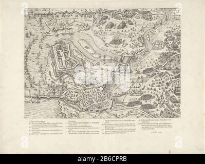 Siège de Gertruydenberg, 1593 Siège de Geertruidenberg, 28 mars - 26 juin 1593, par l'armée des Etats dirigée par le prince Maurits. Plan de la ville et de la région avec les positions des troupes assiégantes et des troupes espagnoles. A gauche le port fermé à Biesbos. Mis à part sous la plaque, les symboles 1-14, et la date du 25 juillet 1593 dans le Nederlands. Fabricant : machine à imprimer: Bartholomeus Willemsz. Doendo (attribué à) fournisseur de privilège inconnu fabrication de lieux: Northern Netherlands Dating: 1600-1601 et / ou 1610 Caractéristiques physiques: Engrala avec du matériel d'impression de texte: Papier te Banque D'Images