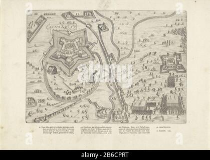 Siège de Coevorden, 1592 Siège de Coevorden par l'armée américaine sous Maurice et William Louis, juillet - septembre 1592 Programmer la forteresse du château de Coevorden avec la terre environnante avec les positions des troupes assiégantes. Écartés poussés sous la plaque texte néerlandais 4 kolommen. Fabricant : printmaker Pieter Bast (attribué à) fournisseur de privilèges inconnu (propriété cotée) Lieu de fabrication: Northern Netherlands Dating: 1600-1601 et / ou 1610 Caractéristiques physiques: Engraa avec paroles matériel d'impression: Technique du papier: Engraa (processus d'impression) / formats d'impression: Feuille: H 310 mm × W 407 Banque D'Images