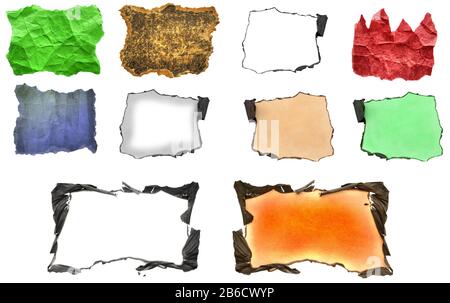 Ensemble de papier froissé déchiré en couleurs isolé sur fond blanc Banque D'Images