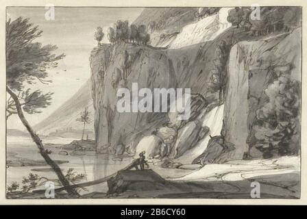 Paysage montagneux avec falaises abruptes paysage Montagneux droit avec crag droit type d'objet: Dessin Numéro d'objet: RP-T-1896-A-3165 Fabricant : artiste: Roelant Roghman Dating: CA. 1660 - env. 1670 Caractéristiques physiques : encre marron et stylo, encre grise et brossette, encre noire et grise sur craie noire ; lignes de cadre en encre brune : technologie d'encre craie de papier : dimensions du stylo/pinceau : H 152 mm × W 232 mm Objet : paysages de montagne avec eaux, paysages d'eau, paysages marins (dans la zone tempérée) Banque D'Images