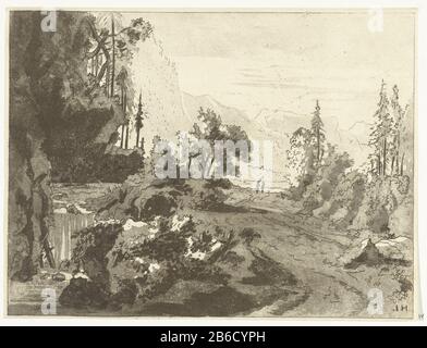 Paysage montagneux Deux randonneurs marchant sur un chemin à travers une vallée. Sur la gauche, a waterval. Fabricant : Print Maker: Anthonie van den Bosnaar dessin de: Jan Hackaert (indiqué sur l'objet) Lieu de fabrication: Les Pays-Bas Date: 1778 - 1838 Caractéristiques physiques: Dessin imprimé, teinte de gravure et d'aqua, travaillé avec brosse en gris: Technique: Gravure / aquatint / pinceau / dessin imprimé dimensions: Feuille: 155 mm × h 135 b mm Objet : cascade dale, vallée (+ paysage avec chiffres, étalage) Banque D'Images