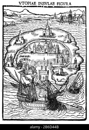 L'île d'Utopia, 1516. Coupe de bois de l'édition 1st de 'Utopia', 1516. Utopia (libellus vere aureus, nec moins salutaris quam festivus, de optimo rei publicae statuu deque nova insula Utopia ou Un petit livre vrai, non moins salutaire que agréable, sur la façon dont les choses devraient être dans la nouvelle île Utopia) est une œuvre de fiction et de satire socio-politique de Thomas More (1478-1535). Banque D'Images