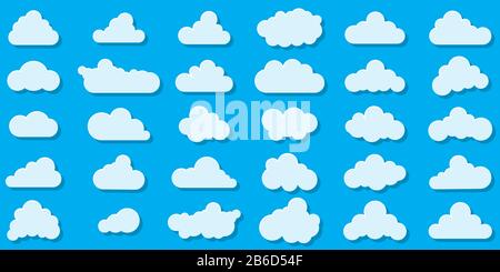 Ensemble d'icônes Cloud. Diverses formes de nuages avec ombre. Illustration vectorielle. Nuages blancs sur fond bleu Illustration de Vecteur