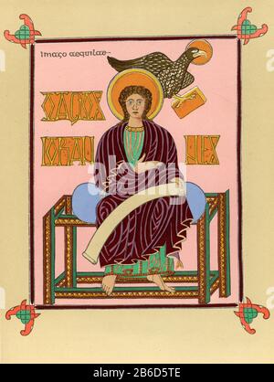 Saint Jean l'évangéliste : de l'Evangile de Lindisfarne, c720. Par Eadfrith de Lindisfarne (d721). L'Évangile de Lindisfarne est un livre de gospel manuscrit illuminé produit dans le monastère de Lindisfarne, au large de la côte de Northumberland, en Angleterre. Le manuscrit est l'une des plus belles œuvres du style unique de l'art Hiberno-saxon ou insulaire et combine des éléments méditerranéens, anglo-saxons et celtiques. London, British Library Cotton MS Nero D.IV Banque D'Images