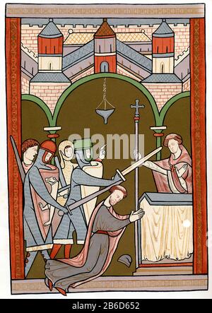 Martyre de St Thomas, début du XIIIe siècle. MME. Harl 5102 (British Library). Thomas Becket, également connu sous le nom de Saint Thomas de Canterbury, Thomas de Londres et Thomas à Becket (c1119-1170). Becket fut archevêque de Canterbury de 1162 jusqu'à son meurtre en 1170. C'est la première représentation connue du meurtre de Thomas Becket dans la cathédrale de Canterbury. Banque D'Images