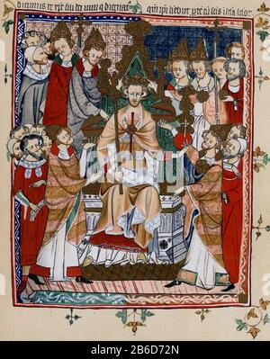 The Coronation of King Edward III, manuscrit du début du 14th siècle. Edward III (1312-1377), roi d'Angleterre et seigneur d'Irlande de janvier 1327 jusqu'à sa mort. Il était le septième roi de la Maison de Plantagenet. Le couronnement d'Edward a eu lieu à l'abbaye de Westminster le 1st février 1327 à l'âge de 14 ans. Banque D'Images