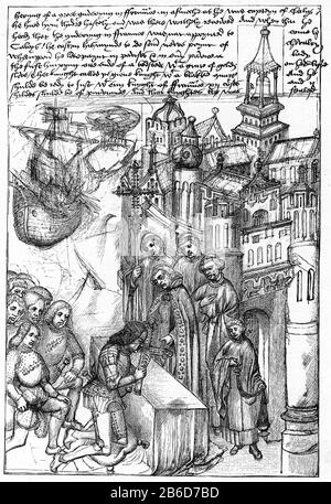 Réception de Richard Beauchamp, comte de Warwick, reçu en tant que capitaine de Calais pour Henry V, c1485. En 1414 Beauchamp a aidé à mettre en place le soulèvement de Lolard, puis est allé en Normandie en tant que capitaine de Calais, et a représenté l'Angleterre au couronnement de Sigismund en tant que roi d'Allemagne et le Conseil de Constance. De Beauchamp Pageants c1485. MME. Cott. Jul. E. IV E. Banque D'Images