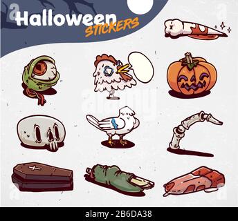 Jeu D'icônes de créepy pour Halloween au dessin animé. Jeu D'Autocollants. Vecteur Illustration de Vecteur