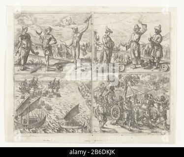 Les habitants des îles de Sunda et de la feuille de bataille de la mer avec quatre représentations. Les occupants supérieurs gauche et droit des îles Sunda Où : sous Sumatra et Java. Hommes et femmes dans différents vêtements posant dans les paysages. Au-dessous de gauche une bataille navale avec de grands navires et de petits bateaux à ramer sur la côte des îles. En bas à droite, un habitant masculin des îles assis sur un chariot tiré par deux boeufs et entouré de ses serviteurs. Lorsque les chiffres sont des nombres qui semblent se référer à Note Manufacture Creator: Printmaker: Adam Elsheimer (bâtiment énuméré) Daté: 1598 Caractéristiques physiques: Matériau de gravure: Papier Banque D'Images