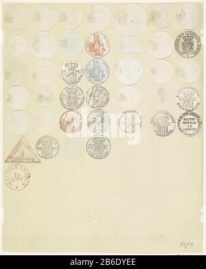 Feuille avec découpes Timbres néerlandais et français feuille avec quarante timbres coupés et collés néerlandais et français de la période 1762-1816. Principalement des phoques ronds, un hémisphère et un driehoekig. Fabricant : printmaker: Fabrication anonyme: Pays-Bas Date: 1762 - 1816 Caractéristiques physiques: Gaufrage et découpe du bois, certains imprimés en rouge: Papier technique: Coupe du bois / gaufrage Dimensions: Feuille: H 290 mm × W 232 mm Objet: Armoiries (symbole de l'État, etc.) cachet ( matière postale) Lorsque: 1762 - 1816 Banque D'Images