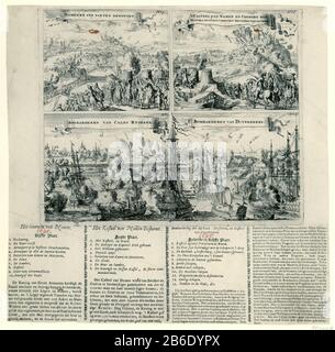 Feuille avec quatre plaques de scènes de bataille de 1695 feuille avec quatre plaques de siège et de bombardement de villes en France appartenant aux Alliés en 1695. Le spectacle est divisé en quatre numérotées 5-8 montrant le siège de Namur (nos 5-6) et sous le bombardement de Calais (no 7) et Dunkerque (no 8) . La présente quatre colonnes de texte avec des descriptions de la plaque. Fabricant : printmaker: Éditeur anonyme John Tangena (XVIIe siècle) (bâtiment classé) fournisseur de privilège inconnu fabrication de lieu: Nord Pays-Bas Date: 1695 Caractéristiques physiques: Gravure avec du matériel d'impression de texte: Papier t Banque D'Images