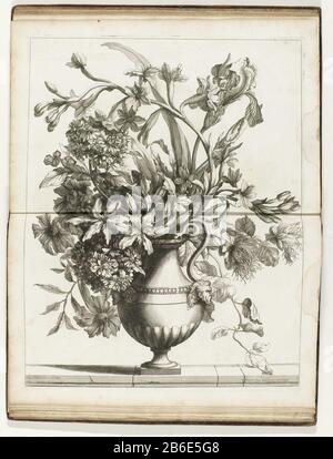 Bloemenvaas Plusieurs livres Vaze de faicts Après les fleurs naturelles (servietitel) vase de fleurs Où: En fleurs. Imprimer une partie d'un album. Fabricant : printmaker Jean Baptiste Monnoyer (propriété cotée) conçu par Jean Baptiste Monnoyeruitgever Jean Baptiste Monnoyer (propriété cotée) fournisseur de privilège: Louis XIV (roi de France) (inscrit sur l'objet) Lieu de fabrication: Paris Date: CA. 1680 - env. 1695 Caractéristiques physiques: Matériau de gravure: Technique du papier: Dimensions de gravure: Bord de la plaque: H 488 mm × W 377 mm Objet: Fleurs dans un vase Banque D'Images