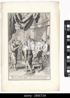 Boas marries Ruth In de poort van Bethléem doet een familielid van Boaz dix overstaan van de tien oudsten afstand van zijn recht als losser porte zijn schoen uit te trekken. Daarmee draagt hij de rechten sur aan Boaz. De schoen était het symboool van heerschappij en zeggenschap. Wie: Een stuk Land kocht, ed dat DOOR er zijn voet, zijn geschoeide voet, op te zetten. Illustratie van de Bijbeltekst Ruth IV: 1-13 Onder de voorstelling de titel in het Hebreeuws, Engels, Duits, Latijn, Frans en Nederlands. Fabricant : fabricant: Pieter Sluyter (vermeld op object)naar tekening van: Gerard Hoet ( Banque D'Images