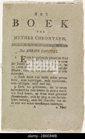 Livret pour la tromperie de DC van der Meulen, 1800, Le Livre de Muyder Chronyken (titre objet) livret de huit pages sur les chasseurs de trésors Muiden: La tromperie du lieutenant-colonel catholique superstitieux Dirk Cornelis van der Meulen par un impostor allemand, Muiden dans la nuit du 12 août 1800 . Deux feuilles pliées imprimées sur tous les zijden. Fabricant : imprimante: Jacobus Wendel (propriété cotée) Lieu de fabrication: Amsterdam Date: 1800 Caractéristiques physiques: Matériel d'impression de texte: Technique du papier: Typographie dimensions: Feuille: H 160 mm × W 105 mm Date: 1800-08 -12 - 1800-08-13 Banque D'Images