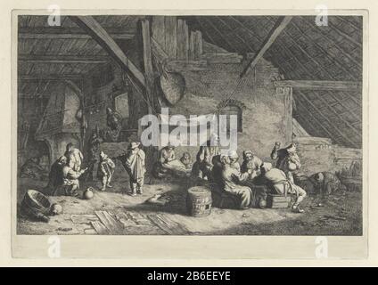 Paysan De la Boere Bruytje Sur une ferme, un paysan a célébré. La mariée est assise sur une feuille et porte une couronne. La gauche est apportée à la musique jouée par un violoniste et un garçon avec un hurdy-gurdy. Le sol est composé de coquilles d'œufs, d'os, de tuyaux cassés, de cruches et de borden. Fabricant : print maker: Jan Visscher Dans le dessin: Amsterdam At Location fabricación: Northern Netherlands Date: 1643 - 1692 Caractéristiques physiques: Gravure; matériau d'épreuvage: Technique du papier: Gravure Dimensions: Bord de la plaque: H 272 mm × W 390 mm Sujet: Fête de mariage, ferme de repas de mariage (bâtiment) - AA - architecture civique: insidevomitingplus que Banque D'Images