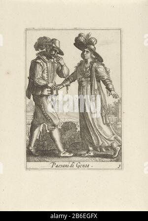 Paysage avec couple paysan, vêtu de modes de Gênes, Italie. Le couple se tient les mains de l'autre et se fait face l'un à l'autre en un mot. L'homme porte des sangsues et des doublets, la tête est ornée d'un chapeau pluché. La femme est vêtue d'une robe simple et porte un chapeau à large bord, aussi avec panache. L'impression fait partie d'une série de douze pièces de tirages avec des kostuums italiens. Fabricant : à imprimer par Pieter Lastman Imprimer auteur: Anonyme éditeur: Covs & Mortier Place fabrication: Amsterdam Date: 1720 - 1772 Caractéristiques physiques: Gravure: Technique du papier: Gravure Dimensio Banque D'Images
