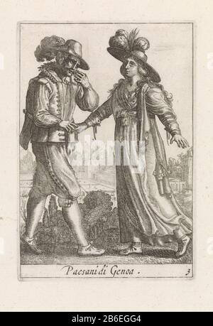 Paysage avec couple paysan vêtu de modes de Gênes, Italie. Le couple se tient les mains de l'autre et se fait face l'un à l'autre en un mot. L'homme porte des sangsues et des doublets, la tête est ornée d'un chapeau pluché. La femme est vêtue d'une robe simple et porte un chapeau à large bord, aussi avec panache. L'impression fait partie d'une série de douze pièces de tirages avec des kostuums italiens. Fabricant : à imprimer par Pieter Lastman Imprimer auteur: Anonyme éditeur: Covs & Mortier Place fabrication: Amsterdam Date: 1720 - 1772 Caractéristiques physiques: Gravure: Technique du papier: Gravure dimension Banque D'Images