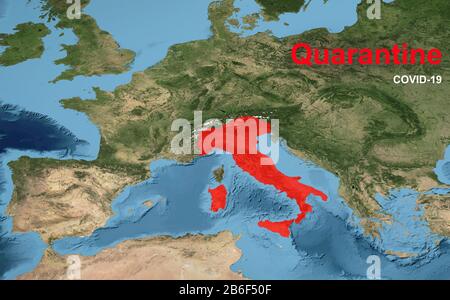 Éclosion de coronavirus COVID-19 en Italie, propagation du virus corona dans le monde. Quarantaine avec COVID-19 sur la carte de l'Europe. Concept de peur de la pandémie de coronavirus Banque D'Images