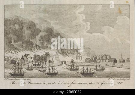 Feu à Paramaribo, 1821 marque Paramaribo, dans la colonie Suriname, le 21 janvier 1821 (titre objet) Gezicht op de grote marque à de stad Paramaribo op 21 januari 1821. Gezicht op de stad vanaf het eau, voor de kusr liggen enkele zeilschepen voor anker. Fabricant : protmaker: Pieter van der Meulen (vermeld op object)naar tekening van: A. Nieuwenkamp (vermeld op object)Plaats fabricación: Prentaker: Nederlandnaar tekening van: Paramaribo Dating: 1821 - 1825 Physical kenmerken: ETS en grasure Material: Paper Techniek: Procedsen × plaedsen: Dating: Patedriedenen: 1e (fäussern Banque D'Images