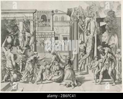 Feu dans le Borgo UNE ville brûlante. Les gens essaient d'éteindre le feu. En arrière-plan, le pape Léon IV prêche à la menigte. Fabricant : printmaker: Marcantonio Raimondi (école) printmaker: Nicolò della Casa to painting by: Rafael (propriété repertoriée) Lieu de fabrication: Printmaker Italie Imprimer auteur: Italie À présenter de la Cité du Vatican Dating : 1514 - 1527 Caractéristiques physiques: Matière de prise: Technique du papier: Engraa (processus d'impression) mesures: Feuille: H 430 mm (bord intérieur de la plaque de coupe) × W 573 mm (bord intérieur de la plaque de coupe) Notes en plein air de Raphaël Dans La Strophe dell'Incendio di Borgo, P Banque D'Images