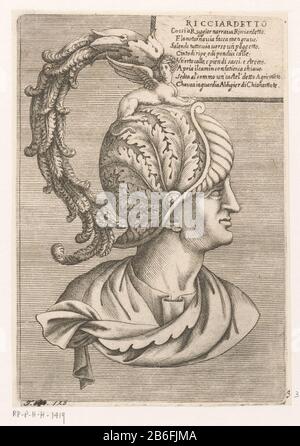 Buste de Ricciardetto Ricciardetto (titre objet) Personnages d'Orlando Furioso (servietitel) Buste van Ricciardetto, een Karakter uit Ludovico Ariosto epo 'Orlando Furioso'. Op zijn hoofd draagt hij een helm gedecoreerd met bladeren, veren en een sfinx. Rechtsboven de titel en acht Italiaanse versegels it het epos. Fabricant : fabricant: AnoniemPlaats fabrication: Italië Datation: 1550 - 1599 kenmerken physique: ETS en gravitation matériau: Papier Techniek: Graveren (drukprocedé) / etsen Dimensions: Plaatrand: H 197 mm × b 136 mToelichtDeze prent maakt deel van een série van ten mi Banque D'Images
