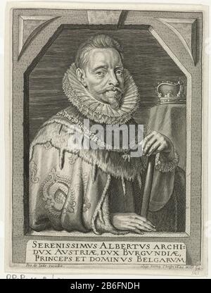 Buste Portrait d'Albert, Archiduc d'Autriche Bust Portrait d'Albrecht, à l'âge de 62 ans. Il porte un peignoir et une chaîne avec l'ordre du Golden Fleece. Sa main gauche penchant sur un bâton et avec sa main droite penchant sur le cadre. En arrière-plan une couronne. Le portrait est enfermé dans un cadre hexagonal avec une légende de trois lignes à Latijn. Fabricant : Editeur: Pieter de Jode (II) (bâtiment classé) printmaker: Fabrication anonyme: Anvers Date: 1628 - 1670 Caractéristiques physiques: Gravure et engrafage matériau: Papier technique: Gravure / engrafé (processus d'impression) Dimensions: Bord de la plaque: H 165 mm × Banque D'Images