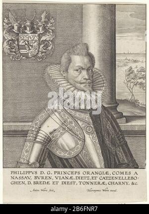 Buste Portrait de Philip William, Prince of Orange Il porte un harnais. Haut gauche ses bras. En arrière-plan à travers la fenêtre une vue sur la mer. En marge, une signature à trois lignes à Latijn. Fabricant : printmaker Antonie Who: Rix (II) (bâtiment classé) Editeur: Hieronymus Wierix (propriété cotée) Lieu de fabrication: Anvers Date: 1565 - Caractéristiques 1604 physique: Matière automobile: Technique du papier : engraa (procédé d'impression) Dimensions: Feuille: H 211 mm × W 153 mm Objet: Armorial Bearing, heraldryarmieWieFilfips (prince William) Banque D'Images