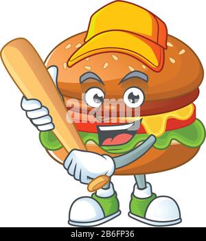 Motif dessin animé d'un hamburger avec bâton de base-ball Illustration de Vecteur