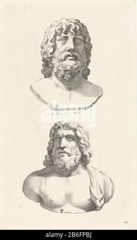 Bustes de Jupiter Capitolinus Galerie Justine Marquis Vincenzo Giustiniani II (serietitel) Deux sculptures romaines Jupiter. Au-dessus du portrait de Jupiter avec une barbe. Sous le buste d'un Jupiter barbu, habitué à la tête à gauche, un vêtement sur une épaule. Sous les deux images de Vincenzo Giustiniani. Imprimé d'une série aux sculptures de la collection, dans la Galleria Giustiniani à Rome. Fabricant : Print Maker: Michel Natalis (indiqué sur l'objet) à dessin de: François Perrier (indiqué sur l'objet) Date: 1640 Caractéristiques physiques: Matière de prise: Technique du papier: Dastraine Banque D'Images
