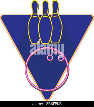 Illustration de style rétro montrant un éclairage de signalisation lumineux au néon des années 1990 d'une boule de bowling frappe sur dix épingles à l'intérieur du triangle sur isolé Illustration de Vecteur