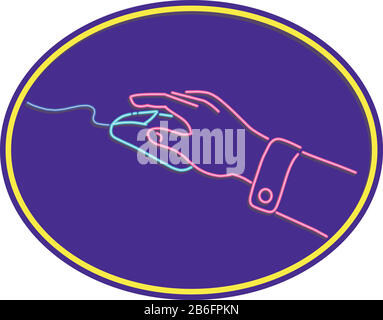 Illustration de style rétro montrant un éclairage de signalisation lumineux au néon des années 1990 d'une souris d'ordinateur cliquant à la main dans un ovale sur fond isolé. Illustration de Vecteur