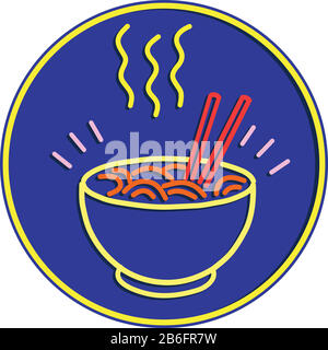 Illustration de style rétro montrant un éclairage de signalisation lumineux au néon des années 1990 d'un bol à nouilles chaudes avec baguettes en cercle sur fond bleu. Illustration de Vecteur