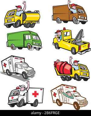 Ensemble ou collection d'illustrations de style mascotte de personnage de dessin animé du conducteur de camion conduisant un camion-citerne, un camion de ciment, une ambulance, une camionnette fermée et un tr de remorquage Illustration de Vecteur