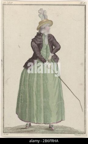 Cabinet de modes ou de méthodes News, 15 septembre 1786, Pl I Woman vêtu de costumes amazon (rijkostuum). Elle porte une veste avec trois cols à l'épaule, un maillot de corps et une jupe de côté vert pomme. Cravat noué. Accessoires : chapeau en feutre de laine jaune orné de plumes, gants, fouets, chaussures avec talons et noeuds. L'image fait partie du 21 Cahier de Cabinet des modes ou les modes Nouvelles. La série se compose de 72 imprimés de mode, publiés par Buisson, Paris, 15 novembre 1785 - 1 novembre 1786. Fabricant : printmaker: A. B. Duhamel (indiqué sur l'objet) à dessiner par: L (indiqué sur obje Banque D'Images
