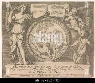 Cadmus tue le dragon Cadmus tue le dragon qui dévora ses compagnons. La scène mythologique est capturée dans une table en forme de médaillon. Les ont laissés pointer une femme avec une flûte sur la musique de fond sur la liste. Le putti droit joue trois instruments différents. Sous l'image se trouve une signature à trois lignes dans Frans. Fabricant : printmaker: Gerard de Lairesse Editeur: Jean Philip Heus (propriété cotée) Lieu de fabrication: Amsterdam Date: 1682 Caractéristiques physiques: Matière de gravure: Technique du papier: Gravure Dimensions: Imprimer: H 154 mm × W 183 mm Objet: Cadmus talus lays the dragoncupides amores, ' Banque D'Images