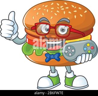 Motif mascotte de gamer de hamburger talentueux à l'aide d'un contrôleur Illustration de Vecteur