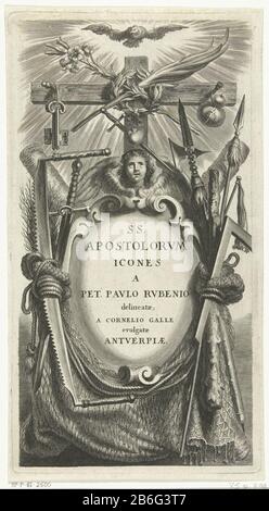 Cartouche avec titre en cadre avec les attributs de Saint SS Apostolorum Icones (objet titre de la série) Cartouche avec cadre de titre avec les attributs des saints et leur martyre. Au-dessus de l'objet survole une colombe symbolisant la Sainte Geest. Fabricant : Printmaker: Schelte Adamsz. Bolswertnaar design: Peter Paul Rubens (bâtiment classé) éditeur Cornelis Galle (II) (bâtiment classé) Daté: 1596 - 1659 Caractéristiques physiques: Matériel automobile: Papier technique: Engraa (processus d'impression) Dimensions: Bord de la plaque: H 263 mm × W 142 mmToelichtTitelprent pour: SS. Apostolorum Icones, Cornelis Galle (Éditeur) Angler Banque D'Images