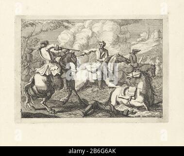 Cavalerie combat tir avec deux cavaliers Trois cavaliers avec des armes et a laissé un cavalier avec une trompette dans un paysage. Sur le terrain, un homme blessé et un paard blessé. Fabricant : print maker, John Verhoek Date: 1700 - 1800 Caractéristiques physiques: Matériau de gravure: Technique du papier: Dimensions de gravure: Bord de la plaque: H 115 mm × W 165 mm Objet: Armes à feu de combat (+ cavalerie, crin) (avec NOM) Banque D'Images