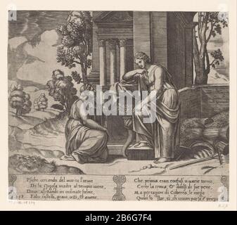 Ceres refuse d'aider Psyche Story of Cupid and Psyche (titre de la série) gauche à genoux Psyche demande à la déesse Ceres d'aider. Droite est Ceres avec une cornucopia, le scythe, le râteau, et le maïs. Texte italien en deux touches dans la marge inférieure. Deux fois numérotés en bas à gauche: 19. Fabricant : printmaker Maître de la Dice à concevoir: Michiel Coxie (I) Lieu de fabrication: Italie Date: CA. 1530 - env. 1560 Caractéristiques physiques: Matériau du ton de la plaque d'engrai: Technique du papier: Engrala (processus d'impression) / dimensions du ton de la plaque: Feuille: H 196 mm (bord intérieur de la plaque coupé) × W 229 mm (bord intérieur de la plaque découpé) Commentaires Imprimer une série o Banque D'Images