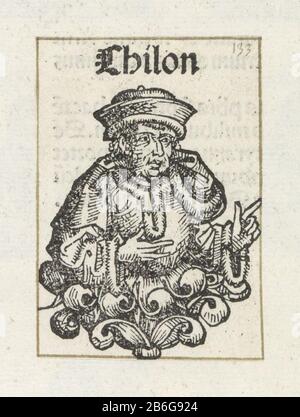 Chilon de Sparta Chilon (objet titre) Liber Chronicarum (titre de la série) une calice avec un homme en fourrure manteau regardant à droite. Le texte l'identifie comme Chilon de Sparta, l'une des sept sages de la Grèce. L'impression fait partie d'un album. Fabricant : printmaker Michel Wolgemut (studio) printmaker: Wilhelm Pleydenwurff (atelier) Lieu de fabrication: Nuremberg Date: 1493 Caractéristiques physiques: Bois collé sur feuille d'album; impression de texte; verso avec matière de coupe de bois: Papier: Technique: Typographie / coupe de bois / pâte dimensions: Imprimer: H 77 mm × W 54 mmToelichtingde woodcut utilisé dans l'illustration du livre dans TH Banque D'Images