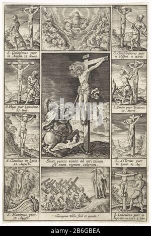 Christ sur la croix et le porteur de lance RP-P-1898-A-20101 Crucifixion de Christ sur le Calvaire . Longinus colle sa lance dans le côté du Christ. De chaque côté de cette idée centrale peut être vu des images d'enfants crucifiés. Haut Dieu le Père entouré d'anges avec des couronnes pour les jeunes martyrs. En dessous est Christ suivi par de jeunes croyants qui croix portent sur leur tapis. Fabricant : printmaker: Jerome Qui: Rix (bâtiment classé) dans son dessin: Hieronymus Wierixuitgever: Hieronymus Wierix (propriété cotée) Lieu de fabrication: Anvers Date: 1597 - 1619 Caractéristiques physiques: Matériel automobile: PAP Banque D'Images