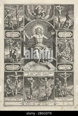 Christ en tant qu'homme de Sorrows Dévotion Images (titre de la série) Christ est assis avec des bras étirés sur le bord d'un bassin. Il montre ses blessures et laisse le sang s'écouler dans le bassin. En arrière-plan quelques Arma Christi. Au-dessus de l'idée Dieu le Père et les cartouches plus petites environnantes avec huit crucifixions différents heiligen. Fabricant : printmaker: Pierre Firens (propriété cotée) Lieu de fabrication: Paris (possible) Date: 1600 - 1639 Caractéristiques physiques: Matériel automobile: Papier technique: Engrala (impression) Dimensions: Bord de la plaque: H 137 mm × W 95 mm Objet: Homme de Sorrows, 'Imago Pietratis '' Erb Banque D'Images