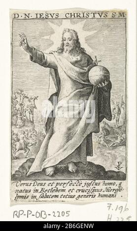 Christ en tant que Salvator Mundi D N Iesvs Christvs S M (objet titre) Les douze apôtres (titre de la série) XII Apostolos (titre de la série) Christ tenant une orbe dans sa main gauche et avec sa main droite il fait un geste de bénédiction. En arrière-plan, sa crucifixion et sa résurrection. En marge d'une signature à trois lignes en latin. Print fait partie d'une série de douze appostelen. Fabricant : printmaker: Crispijn de Passe (I) (bâtiment classé) Lieu de fabrication: Cologne Date: 1574 - 1637 Caractéristiques physiques: Matériau de la voiture: Technique du papier: Engraa (processus d'impression) Dimensions: Feuille : h 87 mm × 54 b mm Subj Banque D'Images