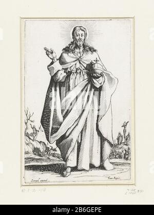 Christ en tant que Salvator Mundi, les grands apôtres (titre de la série) Christ, Marie et les apôtres (titre de la série) Christ, en un mot, dans sa main gauche un orbe, avec la main droite faisant un geste de bénédiction. En arrière-plan à droite, sa crucifixion et sa résurrection partit. Ce tirage fait partie d'une série de 16 reproductions, comprenant une page de titre et 15 portraits, représentant le Christ, Marie et l'appostelen. Fabricant : printmaker Jacques Callotnaar propre design: Jacques Callotouitgever Israel Henriet (propriété cotée) fournisseur de privilège : Louis XIII (roi de France) (bâtiment classé) manufacture De Place Banque D'Images