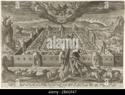 Christ le Bon berger pour la Parabole de la Nouvelle Jérusalem du Bon Berger (titre de la série) Christ le bon berger. Il marche avec ses moutons vers les portes de la Nouvelle Jérusalem. La ville Sainte a douze portes gardées par douze anges. Dieu et le Saint-Esprit apparaissent dans les nuages, avec quelques anges. Gauche un ange montre John la Nouvelle Jérusalem. L'imprimé a une légende latine et fait partie d'une série de quatre parties sur la parabole du bon herder. Fabricant : printmaker Julius Goltzius (propriété listée) conçu par: Marten de vos (bâtiment listé) printmaker John Baptista Vrints (I) (listed Banque D'Images