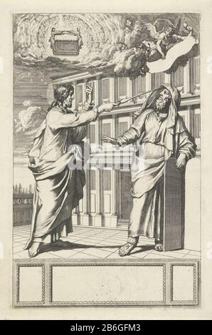 Christ et Moïse le Christ tient le voile du visage de Moïse avec son sceptre, puis pointant vers le ciel Où: Les anges sont rassemblés autour de l'Arche de l'Alliance. Moïse et Christ symbolisent respectivement l'ancien et le Nouveau Testament. Fabricant : printmaker: Gerard de Lairesse Date: 1675 Caractéristiques physiques: Gravure; matériau d'épreuvage: Technique du papier: Gravure Dimensions: Bord de la plaque: H 282 mm × W 182 mm Sujet: Moïse (pas dans le contexte biblique); attributs possibles: Rayons de lumière ou de cornes sur sa tête, sa tige ou les Tables de l'Alliance LawChrist axe adultArk  religion juive jaune Banque D'Images