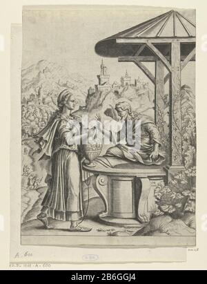 Christ et la femme samaritaine Christ est assis sur le bord d'un trou d'eau . La femme Samaritaine lui offre de boire de sa carafe à eau. En arrière-plan est un paysage montagneux à zien. Fabricant avec châteaux: Printmaker Cornelis Bos (propriété cotée) Lieu de fabrication: Nuremberg (possible) Date: 1548 Caractéristiques physiques: Matériel automobile: Technique du papier: Engrala (impression) Dimensions: Feuille: H 280 mm × W 208 mm Objet: Christ et la femme de Samarie: Assis au puits de Jacob, il lui demande un verre de sa carafe Banque D'Images