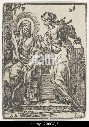 Christ et la femme samaritaine Christ reposent sur le puits de Jacob, après que ses disciples ont envoyé dans la ville. Une femme samaritaine vient parler pour dessiner de l'eau et Christus. Fabricant : printmaker Jan Christoffel Jegher (bâtiment classé), conçu par Antoine Slaert (bâtiment classé) éditeur Cornelis Li Lieu fabrication: Anvers Date: 1649 Caractéristiques physiques: Coupe du bois et texte en typographie sur le matériau verso: Technique du papier: Coupe du bois / formats d'impression: Feuille: H 89 mm × W 65 mmToelielichtPrent out: Andiasses, Judfocus. Perpetua crux passio Jesu Christi. Anvers: Cornelis Wons, 1649. Objet: Chr Banque D'Images